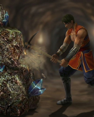 Adventurer mining blue crystals with a pickaxe in a cavern